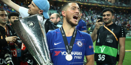 BAKU, AZERBAIJAN - MAY 29: Eden Hazard of Chelsea celebrates victory with the UEFA League trophy after the UEFA Europa League Final between Chelsea and Arsenal at Baku Olimpiya Stadionu on May 29, 2019 in Baku, Azerbaijan. (Photo by Alex Grimm/Getty Images)