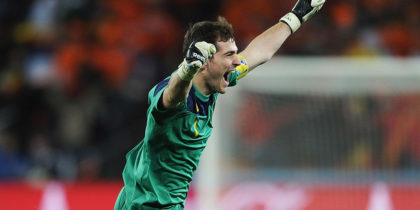 JOHANNESBURG, SOUTH AFRICA - JULY 11: Iker Casillas, captain of Spain, celebrates the late goal by Andres Iniesta during the 2010 FIFA World Cup South Africa Final match between Netherlands and Spain at Soccer City Stadium on July 11, 2010 in Johannesburg, South Africa. (Photo by Jasper Juinen/Getty Images)