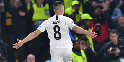 Eintr. Frankfurt's Serbian forward Luka Jovic celebrates scoring the team's first goal during the UEFA Europa League semi-final second leg football match between Chelsea and Eintracht Frankfurt at Stamford Bridge in London on May 9, 2019. (Photo by Oliver GREENWOOD / AFP) (Photo credit should read OLIVER GREENWOOD/AFP/Getty Images)