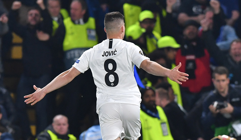 Eintr. Frankfurt's Serbian forward Luka Jovic celebrates scoring the team's first goal during the UEFA Europa League semi-final second leg football match between Chelsea and Eintracht Frankfurt at Stamford Bridge in London on May 9, 2019. (Photo by Oliver GREENWOOD / AFP) (Photo credit should read OLIVER GREENWOOD/AFP/Getty Images)
