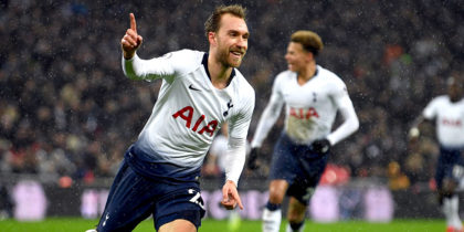 LONDON, ENGLAND - DECEMBER 15: Christian Eriksen of Tottenham Hotspur celebrates after scoring his team's first goal during the Premier League match between Tottenham Hotspur and Burnley FC at Wembley Stadium on December 15, 2018 in London, United Kingdom. (Photo by Mike Hewitt/Getty Images)
