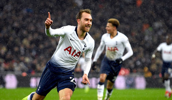 LONDON, ENGLAND - DECEMBER 15: Christian Eriksen of Tottenham Hotspur celebrates after scoring his team's first goal during the Premier League match between Tottenham Hotspur and Burnley FC at Wembley Stadium on December 15, 2018 in London, United Kingdom. (Photo by Mike Hewitt/Getty Images)