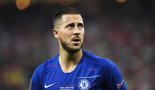Chelsea's Belgian midfielder Eden Hazard reacts during the UEFA Europa League final football match between Chelsea FC and Arsenal FC at the Baku Olympic Stadium in Baku, Azerbaijian, on May 29, 2019. (Photo by Kirill KUDRYAVTSEV / AFP) (Photo credit should read KIRILL KUDRYAVTSEV/AFP/Getty Images)