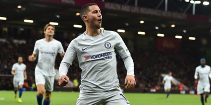 Chelsea's Belgian midfielder Eden Hazard celebrates after scoring the opening goal of the English Premier League football match between Bournemouth and Chelsea at the Vitality Stadium in Bournemouth, southern England on October 28, 2017. / AFP PHOTO / Glyn KIRK / RESTRICTED TO EDITORIAL USE. No use with unauthorized audio, video, data, fixture lists, club/league logos or 'live' services. Online in-match use limited to 75 images, no video emulation. No use in betting, games or single club/league/player publications. / (Photo credit should read GLYN KIRK/AFP/Getty Images)