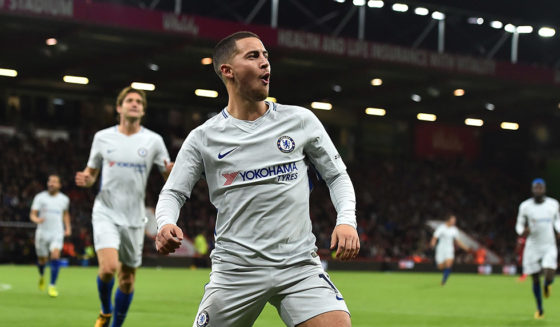 Chelsea's Belgian midfielder Eden Hazard celebrates after scoring the opening goal of the English Premier League football match between Bournemouth and Chelsea at the Vitality Stadium in Bournemouth, southern England on October 28, 2017. / AFP PHOTO / Glyn KIRK / RESTRICTED TO EDITORIAL USE. No use with unauthorized audio, video, data, fixture lists, club/league logos or 'live' services. Online in-match use limited to 75 images, no video emulation. No use in betting, games or single club/league/player publications. / (Photo credit should read GLYN KIRK/AFP/Getty Images)