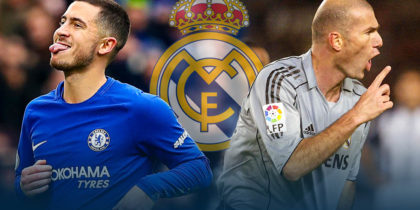 San Sebastian, SPAIN: Real Madrid's French Zinedine Zidane (R) celebrates his goal 27 November 2005 during a Spanish league football match against Real Sociedad at the Anoeta stadium, in San Sebastian. Match ended with a draw 2-2. AFP PHOTO / RAFA RIVAS (Photo credit should read RAFA RIVAS/AFP/Getty Images), LONDON, ENGLAND - DECEMBER 02: Eden Hazard of Chelsea celebrates after scoring his sides third goal with Alvaro Morata of Chelsea and Marcos Alonso of Chelsea during the Premier League match between Chelsea and Newcastle United at Stamford Bridge on December 2, 2017 in London, England. (Photo by Clive Rose/Getty Images)