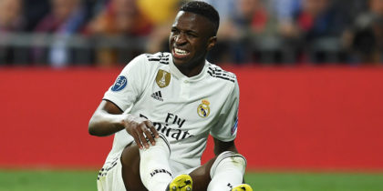 MADRID, SPAIN - MARCH 05: Vinicius Junior of Real Madrid is injured during the UEFA Champions League Round of 16 Second Leg match between Real Madrid and Ajax at Bernabeu on March 05, 2019 in Madrid, Spain. (Photo by David Ramos/Getty Images)