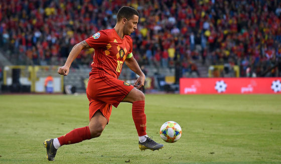 Belgium's midfielder Eden Hazard controls the ball during the UEFA Euro 2020 qualification football match between Belgium and Kazakhstan at the King Baudouin Stadium in Brussels on June 8, 2019. (Photo by JOHN THYS / AFP) (Photo credit should read JOHN THYS/AFP/Getty Images)