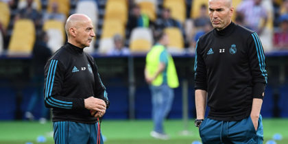 Real Madrid's French coach Zinedine Zidane (R) and fitness coach Antonio Pintus attend a Real Madrid team training session at the Olympic Stadium in Kiev, Ukraine on May 25, 2018, on the eve of the UEFA Champions League final football match between Liverpool and Real Madrid. (Photo by Franck FIFE / AFP) (Photo credit should read FRANCK FIFE/AFP/Getty Images)