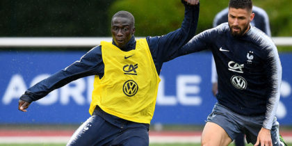 France's national football team forward Olivier Giroud (R) vies for the ball with defender Ferland Mendy during a training session in Clairefontaine en Yvelines on June 5, 2019 as part of the team's preparation for the upcoming Euro 2020 qualification matches against Turkey and Andorra. (Photo by FRANCK FIFE / AFP) (Photo credit should read FRANCK FIFE/AFP/Getty Images)