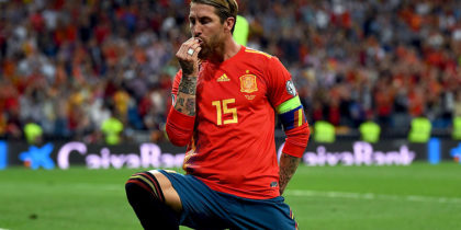 MADRID, SPAIN - JUNE 10: Sergio Ramos of Spain celebrates scoring during the 2020 UEFA European Championships group F match between Spain and Sweden at Bernabeu on June 10, 2019 in Madrid, Spain. (Photo by David Ramos/Getty Images)