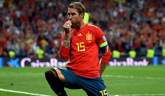 Sergio Ramos MADRID, SPAIN - JUNE 10: Sergio Ramos of Spain celebrates scoring during the 2020 UEFA European Championships group F match between Spain and Sweden at Bernabeu on June 10, 2019 in Madrid, Spain. (Photo by David Ramos/Getty Images)