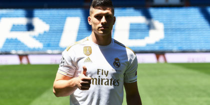Real Madrid's Serbian forward Luka Jovic poses at the Santiago Bernabeu stadium in Madrid on June 12, 2019 during his official presentation. - Real Madrid have signed 21-year-old Serbia striker Luka Jovic from German side Eintracht Frankfurt on a six-year deal for an undisclosed fee. (Photo by PIERRE-PHILIPPE MARCOU / AFP) (Photo credit should read PIERRE-PHILIPPE MARCOU/AFP/Getty Images)