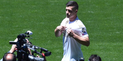 MADRID, SPAIN - JUNE 12: Luka Jovic is unveiled as a new Real Madrid signing at Estadio Santiago Bernabeu on June 12, 2019 in Madrid, Spain. (Photo by Denis Doyle/Getty Images)