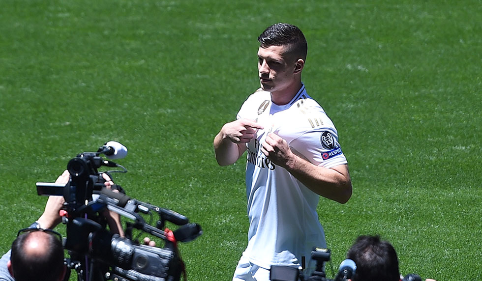 MADRID, SPAIN - JUNE 12: Luka Jovic is unveiled as a new Real Madrid signing at Estadio Santiago Bernabeu on June 12, 2019 in Madrid, Spain. (Photo by Denis Doyle/Getty Images)