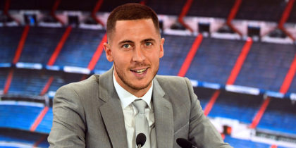 Belgian footballer Eden Hazard speaks during his official presentation as new player of the Real Madrid CF at the Santiago Bernabeu stadium in Madrid on June 13, 2019. (Photo by GABRIEL BOUYS / AFP) (Photo credit should read GABRIEL BOUYS/AFP/Getty Images)