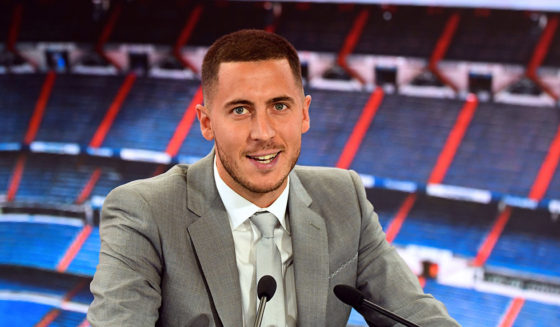Belgian footballer Eden Hazard speaks during his official presentation as new player of the Real Madrid CF at the Santiago Bernabeu stadium in Madrid on June 13, 2019. (Photo by GABRIEL BOUYS / AFP) (Photo credit should read GABRIEL BOUYS/AFP/Getty Images)