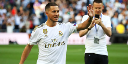 MADRID, SPAIN - JUNE 13: New Real Madrid signing Eden Hazard shows appreciation to the fans as he is unveiled at Estadio Santiago Bernabeu on June 13, 2019 in Madrid, Spain. (Photo by Angel Martinez/Getty Images)