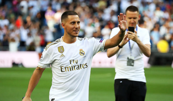 MADRID, SPAIN - JUNE 13: New Real Madrid signing Eden Hazard shows appreciation to the fans as he is unveiled at Estadio Santiago Bernabeu on June 13, 2019 in Madrid, Spain. (Photo by Angel Martinez/Getty Images)