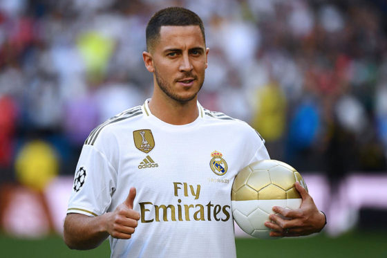 Belgian footballer Eden Hazard gives a thumbs-up during his official presentation as new player of the Real Madrid CF at the Santiago Bernabeu stadium in Madrid on June 13, 2019. (Photo by GABRIEL BOUYS / AFP) (Photo credit should read GABRIEL BOUYS/AFP/Getty Images)
