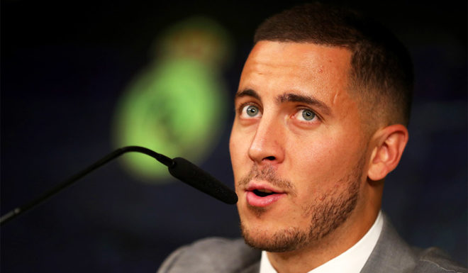MADRID, SPAIN - JUNE 13: New Real Madrid signing Eden Hazard speaks to media during a press conference after he is unveiled at Estadio Santiago Bernabeu on June 13, 2019 in Madrid, Spain. (Photo by Angel Martinez/Getty Images)