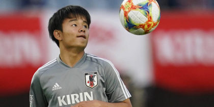 RIFU, JAPAN - JUNE 09: Takefusa Kubo of Japan warms up prior to the international friendly match between Japan and El Salvador at Hitomebore Stadium Miyagi on June 09, 2019 in Rifu, Miyagi, Japan. (Photo by Toru Hanai/Getty Images)