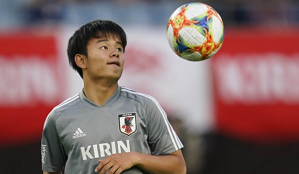 RIFU, JAPAN - JUNE 09: Takefusa Kubo of Japan warms up prior to the international friendly match between Japan and El Salvador at Hitomebore Stadium Miyagi on June 09, 2019 in Rifu, Miyagi, Japan. (Photo by Toru Hanai/Getty Images)