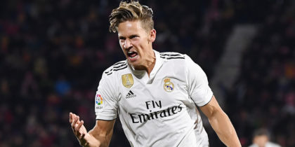 GIRONA, SPAIN - JANUARY 31: Marcos Llorente of Real Madrid celebrates scoring to make it 3-1 during the Copa del Quarter Final match between Girona and Real Madrid at Montilivi Stadium on January 31, 2019 in Girona, Spain. (Photo by David Ramos/Getty Images )