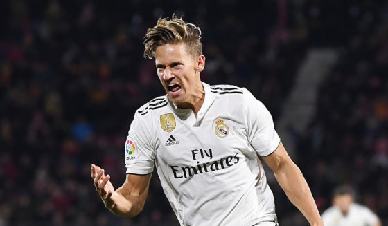 GIRONA, SPAIN - JANUARY 31: Marcos Llorente of Real Madrid celebrates scoring to make it 3-1 during the Copa del Quarter Final match between Girona and Real Madrid at Montilivi Stadium on January 31, 2019 in Girona, Spain. (Photo by David Ramos/Getty Images )