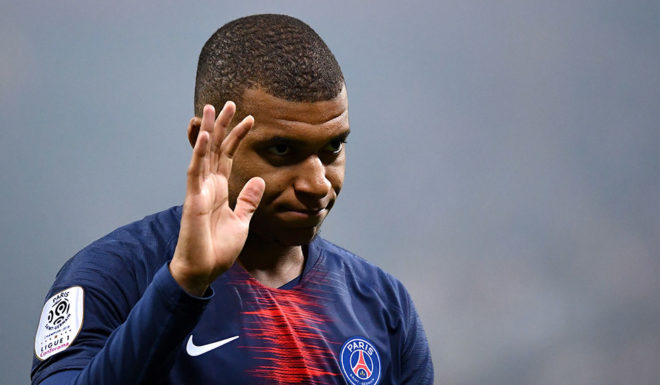 Paris Saint-Germain's French forward Kylian MBappe reacts during the French L1 football match between Reims (SR) and Paris Saint-Germain (PSG) at the Auguste-Delaune Stadium in Reims, eastern France, on May 24, 2019. (Photo by FRANCK FIFE / AFP) (Photo credit should read FRANCK FIFE/AFP/Getty Images)