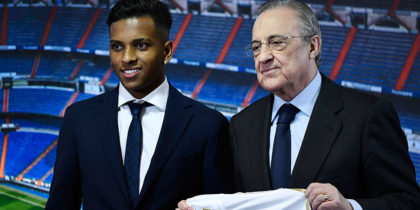 Brazilian forward Rodrygo Silva de Goes (L) and Real Madrid's president Florentino Perez pose during the official presentation of the footballer as new player of the Spanish club at the Santiago Bernabeu stadium in Madrid on June 18, 2019. (Photo by OSCAR DEL POZO / AFP) (Photo credit should read OSCAR DEL POZO/AFP/Getty Images)