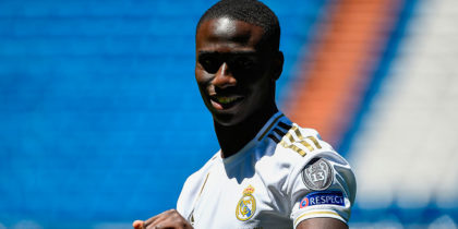 French defender Ferland Mendy plays with a ball during his official presentation as Real Madrid as new player of the Spanish club at the Santiago Bernabeu stadium in Madrid on June 19, 2019. (Photo by OSCAR DEL POZO / AFP) (Photo credit should read OSCAR DEL POZO/AFP/Getty Images)