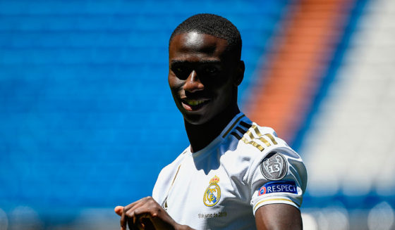 French defender Ferland Mendy plays with a ball during his official presentation as Real Madrid as new player of the Spanish club at the Santiago Bernabeu stadium in Madrid on June 19, 2019. (Photo by OSCAR DEL POZO / AFP) (Photo credit should read OSCAR DEL POZO/AFP/Getty Images)