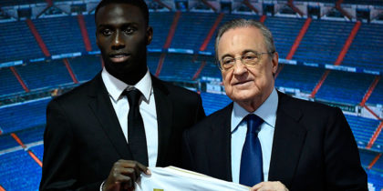 French defender Ferland Mendy (L) and Real Madrid's president Florentino Perez pose during the official presentation of the footballer as new player of the Spanish club at the Santiago Bernabeu stadium in Madrid on June 19, 2019. (Photo by OSCAR DEL POZO / AFP) (Photo credit should read OSCAR DEL POZO/AFP/Getty Images)