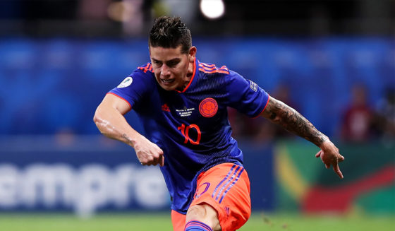 SALVADOR, BRAZIL - JUNE 15: James Rodriguez of Colombia kicks the ball during the Copa America Brazil 2019 group B match between Argentina and Colombia at Arena Fonte Nova on June 15, 2019 in Salvador, Brazil. (Photo by Bruna Prado/Getty Images)