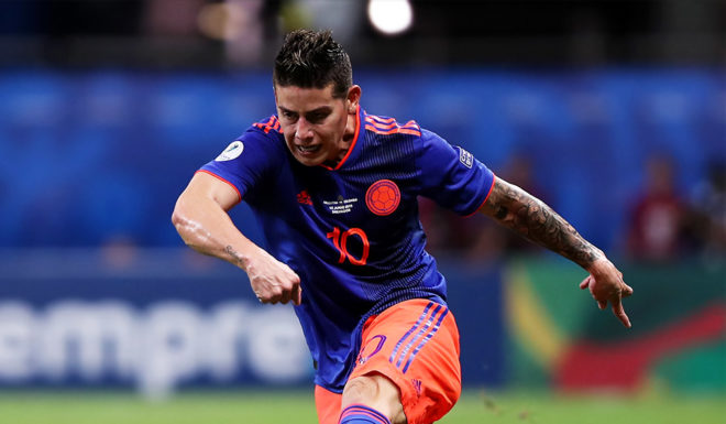 SALVADOR, BRAZIL - JUNE 15: James Rodriguez of Colombia kicks the ball during the Copa America Brazil 2019 group B match between Argentina and Colombia at Arena Fonte Nova on June 15, 2019 in Salvador, Brazil. (Photo by Bruna Prado/Getty Images)