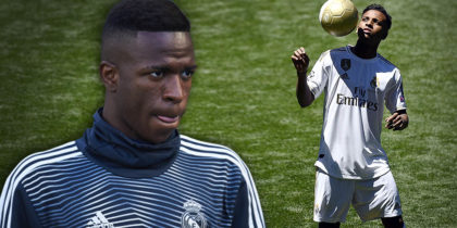 Brazilian forward Rodrygo Silva de Goes plays with a ball during his official presentation of new player of the Real Madrid CF at the Santiago Bernabeu stadium in Madrid on June 18, 2019. (Photo by OSCAR DEL POZO / AFP) (Photo credit should read OSCAR DEL POZO/AFP/Getty Images)