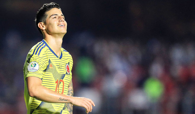 James Rodriguez SAO PAULO, BRAZIL - JUNE 19: James Rodriguez of Colombia reacts during the Copa America Brazil 2019 group B match between Colombia and Qatar at Morumbi Stadium on June 19, 2019 in Sao Paulo, Brazil. (Photo by Buda Mendes/Getty Images)
