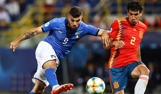 Jesus Vallejo BOLOGNA, ITALY - JUNE 16: Patrick Cutrone of Italy is challenged by Jesus Vallejo of Spain during the 2019 UEFA U-21 Group A match between Italy and Spain at (insert stadium name) on June 16, 2019 in Bologna, Italy. (Photo by Marco Luzzani/Getty Images)