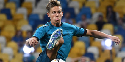Real Madrid's Spanish miedfieder Marcos Llorente controls the ball during a Real Madrid team training session at the Olympic Stadium in Kiev, Ukraine on May 25, 2018, on the eve of the UEFA Champions League final football match between Liverpool and Real Madrid. (Photo by Franck FIFE / AFP) (Photo credit should read FRANCK FIFE/AFP/Getty Images)