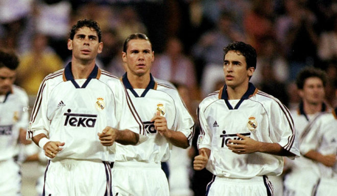 Fernando Hierro 19 Sep 1998: Manuel Sanchis, Fernando Hierro, Fernando Redondo and Raul (left-right) of Real Madrid at the start of a match against Barcelona in Madrid, Spain. The game ended in a draw 2-2. \ Mandatory Credit: Clive Mason /Allsport