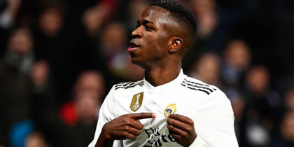 Real Madrid's Brazilian forward Vinicius Junior celebrates his goal during the Spanish league football match Real Madrid CF against Club Deportivo Alaves at the Santiago Bernabeu stadium in Madrid on February 3, 2019. (Photo by GABRIEL BOUYS / AFP) (Photo credit should read GABRIEL BOUYS/AFP/Getty Images)