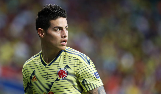 SALVADOR, BRAZIL - JUNE 23: James Rodriguez of Colombia looks on during the Copa America Brazil 2019 group B match between Colombia and Paraguay at Arena Fonte Nova on June 23, 2019 in Salvador, Brazil. (Photo by Bruna Prado/Getty Images)