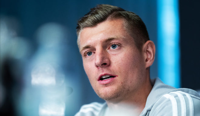BERLIN, GERMANY - OCTOBER 11: Toni Kroos of Germany talks to the media during a press conference of the German national team at Mercedes-Benz am Salzufer on October 11, 2018 in Berlin, Germany. (Photo by Boris Streubel/Bongarts/Getty Images)
