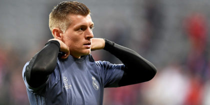 MUNICH, GERMANY - APRIL 12: Toni Kroos of Real Madrid looks on during warm up ahead of the UEFA Champions League Quarter Final first leg match between FC Bayern Muenchen and Real Madrid CF at Allianz Arena on April 12, 2017 in Munich, Germany. (Photo by Lennart Preiss/Bongarts/Getty Images)