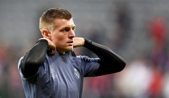 MUNICH, GERMANY - APRIL 12: Toni Kroos of Real Madrid looks on during warm up ahead of the UEFA Champions League Quarter Final first leg match between FC Bayern Muenchen and Real Madrid CF at Allianz Arena on April 12, 2017 in Munich, Germany. (Photo by Lennart Preiss/Bongarts/Getty Images)