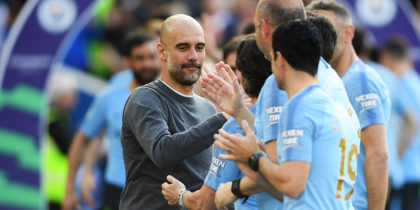 BRIGHTON, ENGLAND - MAY 12: Josep Guardiola, Manager of Manchester City celebrates winning the Premier League title following the Premier League match between Brighton & Hove Albion and Manchester City at American Express Community Stadium on May 12, 2019 in Brighton, United Kingdom. (Photo by Mike Hewitt/Getty Images)