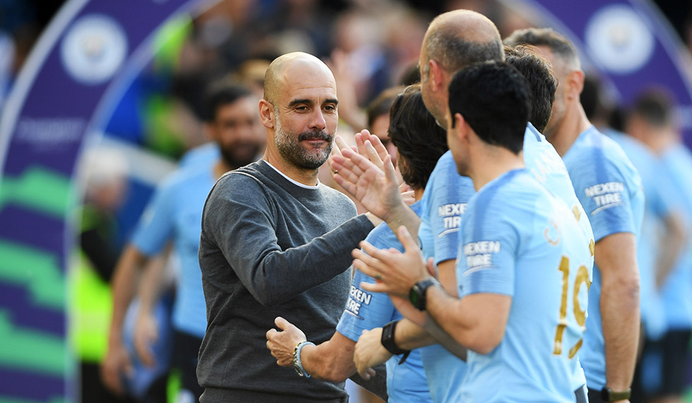 BRIGHTON, ENGLAND - MAY 12: Josep Guardiola, Manager of Manchester City celebrates winning the Premier League title following the Premier League match between Brighton & Hove Albion and Manchester City at American Express Community Stadium on May 12, 2019 in Brighton, United Kingdom. (Photo by Mike Hewitt/Getty Images)