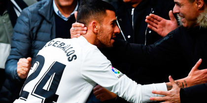 Real Madrid's Spanish midfielder Daniel Ceballos (C) is congratulated at the end of the Spanish league football match between Club Atletico de Madrid and Real Madrid CF at the Wanda Metropolitano stadium in Madrid on February 9, 2019. (Photo by GABRIEL BOUYS / AFP) (Photo credit should read GABRIEL BOUYS/AFP/Getty Images)