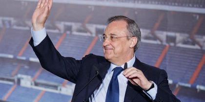 MADRID, SPAIN - JULY 13: President Florentino Perez greets the audience during Asier Illarramendi presentation as a new Real Madrid player at Estadio Bernabeu on July 13, 2013 in Madrid, Spain. (Photo by Gonzalo Arroyo Moreno/Getty Images)